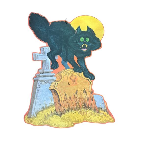 Vintage Halloween Black Cat Tombstone Die-Cut Decoration 17" Double-Sided - Picture 3 of 4
